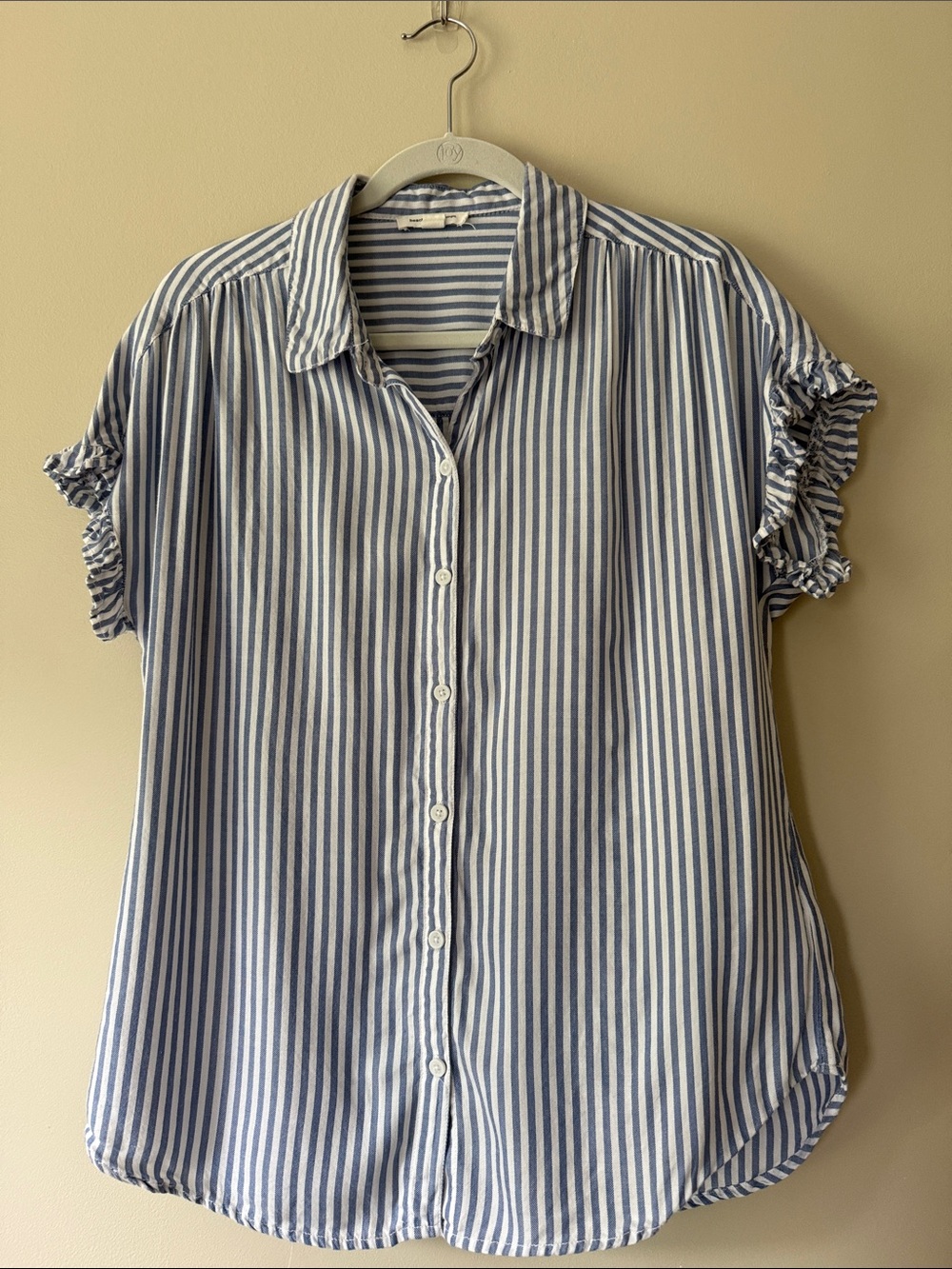 beachlunchlounge Navy and White Striped Ruffle-Sleeve Button Down Shirt